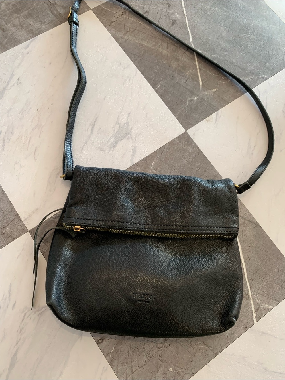 Mango Black Pebbled Leather Crossbody Bag with Gold Zip
